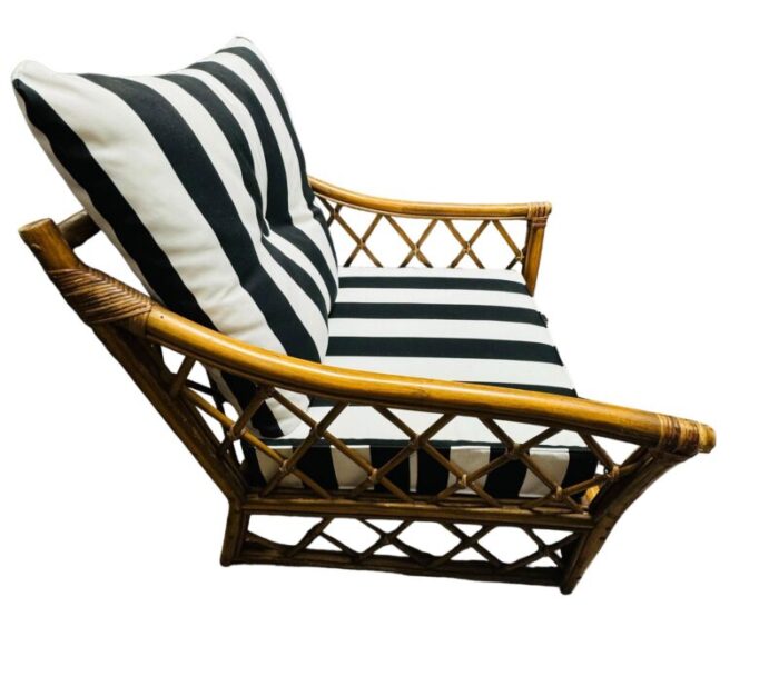 1970s vintage rattan chair black and white stripe upholstery 0347