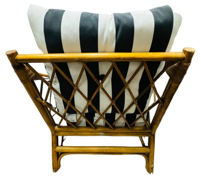 1970s vintage rattan chair black and white stripe upholstery 8403