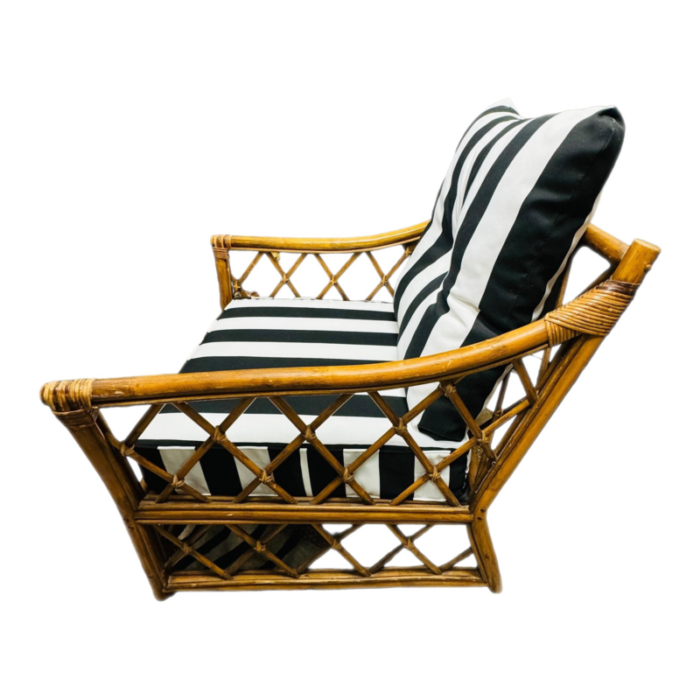 1970s vintage rattan chair black and white stripe upholstery 9302