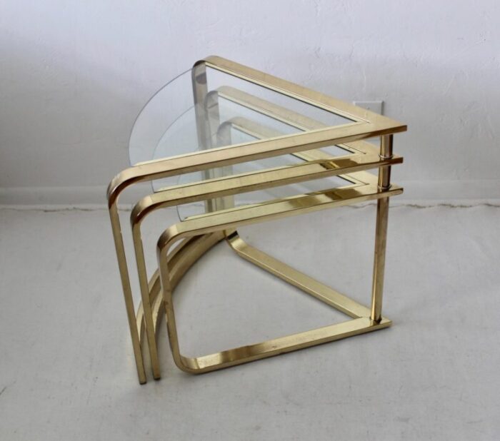 1980s fan nesting table by design institute of america three tier brass flat bar glass expandable 1575