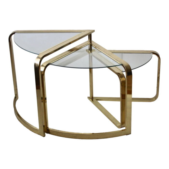 1980s fan nesting table by design institute of america three tier brass flat bar glass expandable 5066