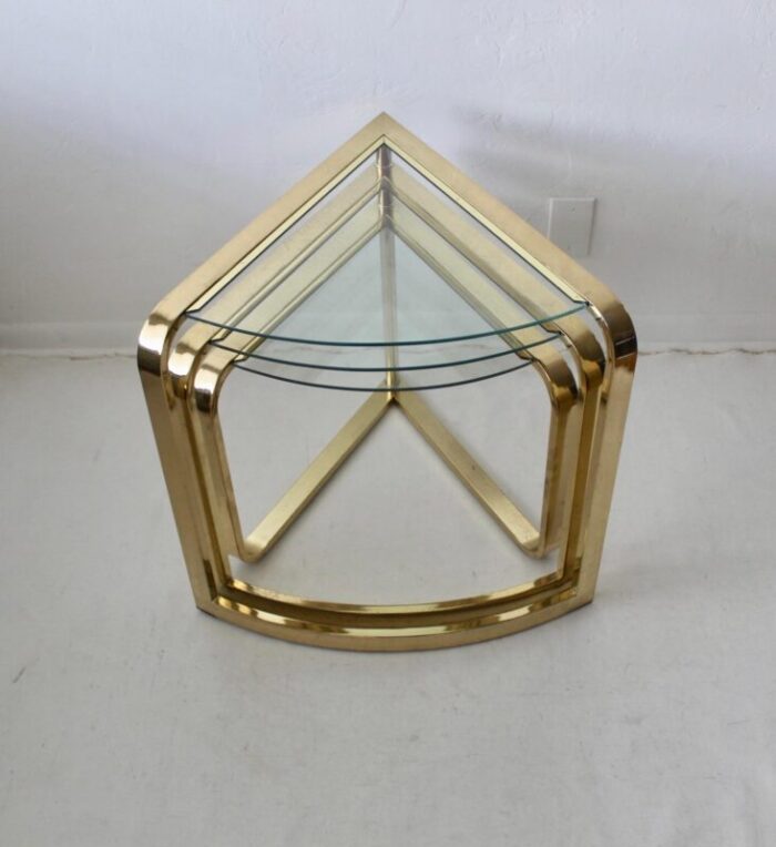 1980s fan nesting table by design institute of america three tier brass flat bar glass expandable 8063 1