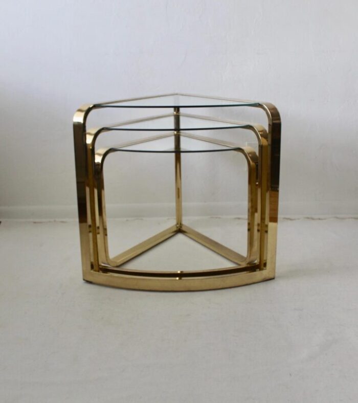 1980s fan nesting table by design institute of america three tier brass flat bar glass expandable 8063