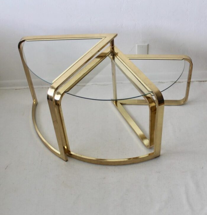 1980s fan nesting table by design institute of america three tier brass flat bar glass expandable 8603