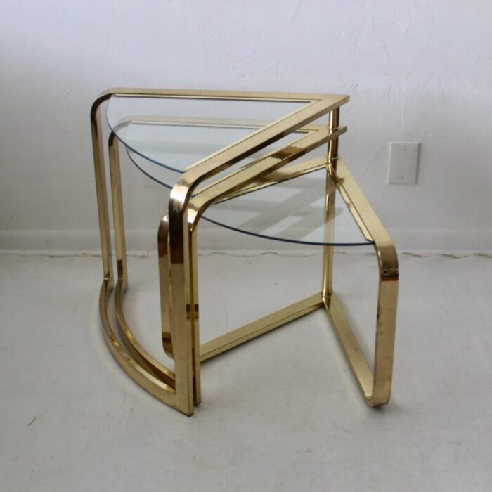 1980s fan nesting table by design institute of america three tier brass flat bar glass expandable 8761