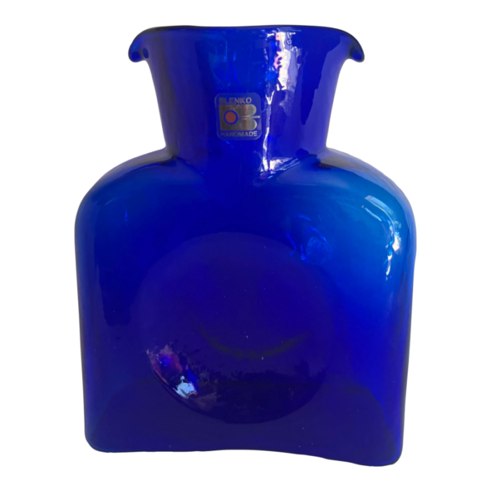 1990s blenko art glass cobalt blue double spout pitcher vasejug 0059