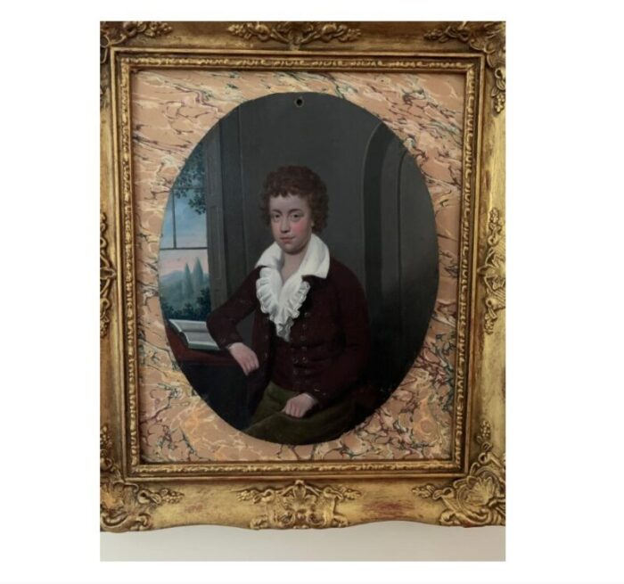 19th century antique european portrait young boy seated with book by landscape framed 1763