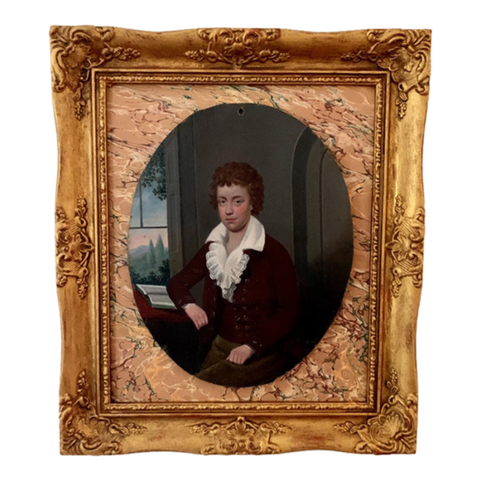 19th century antique european portrait young boy seated with book by landscape framed 2732