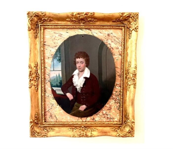 19th century antique european portrait young boy seated with book by landscape framed 5563