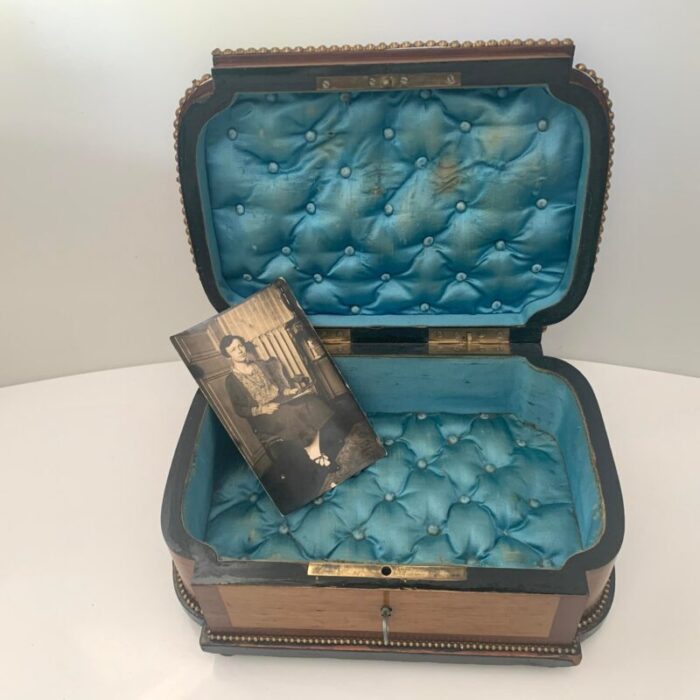 19th century french satin lined jewelry box with key 4208