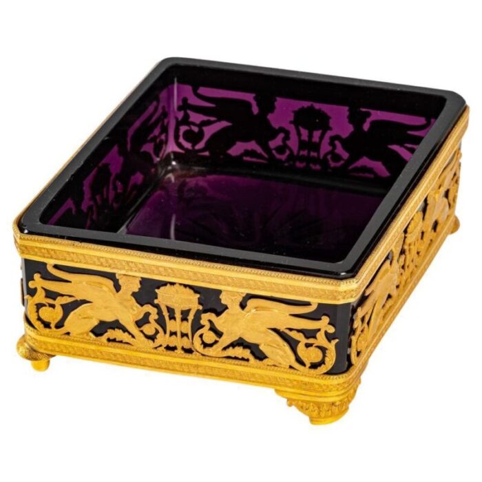 19th century gilt bronze and violet crystal square bowl 2