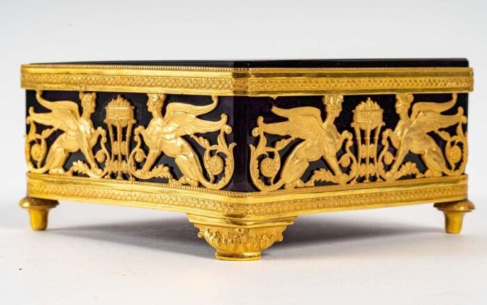 19th century gilt bronze and violet crystal square bowl 8