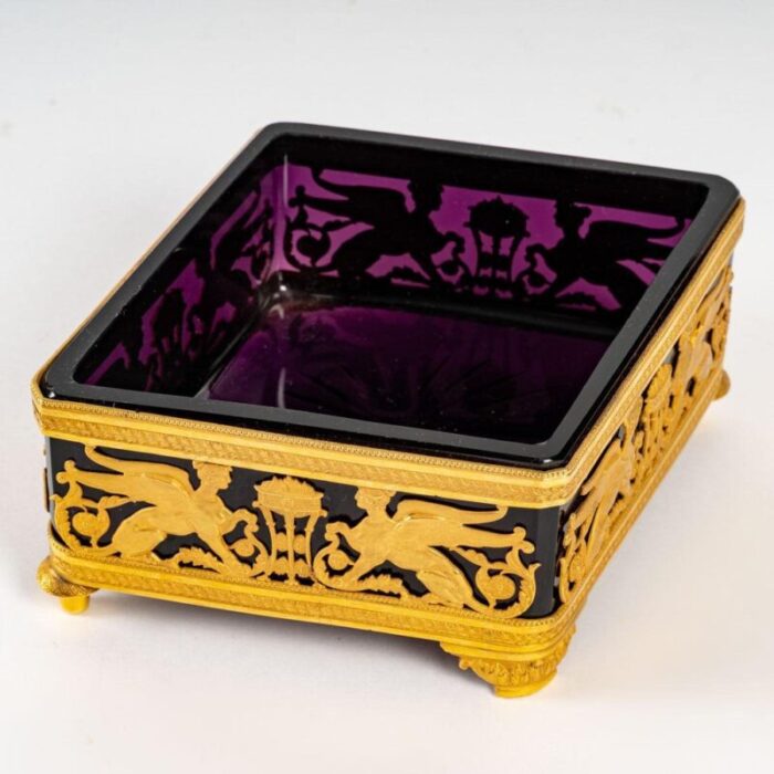 19th century gilt bronze and violet crystal square bowl 9