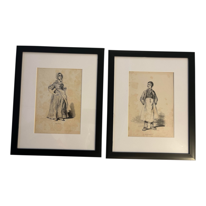 19th century pair set of etchings the midwife and the hospital attendant framed 5082