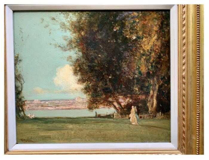 antique 19th century english impressionist classical landscape with figures framed 1872