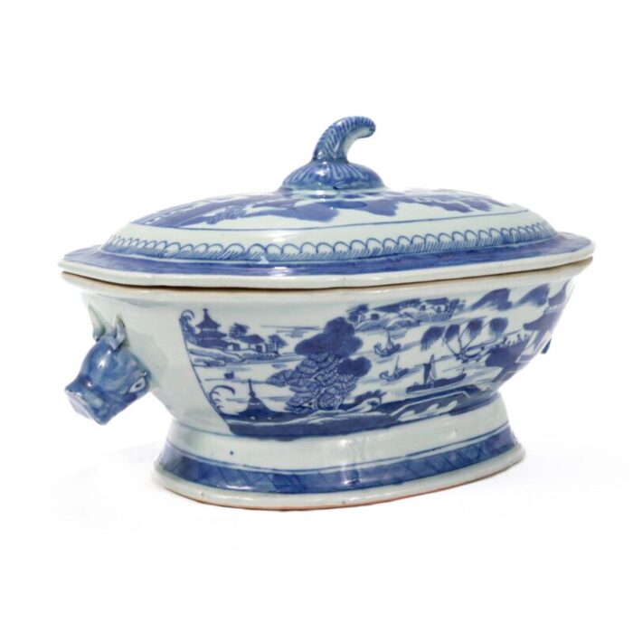 antique blue and white canton pattern chinese export porcelain soup tureen 5947