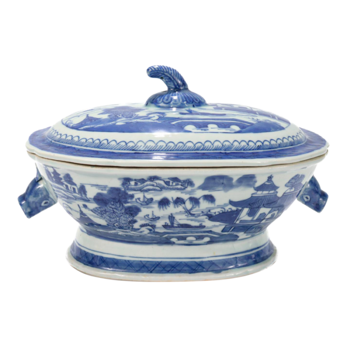 antique blue and white canton pattern chinese export porcelain soup tureen 6513