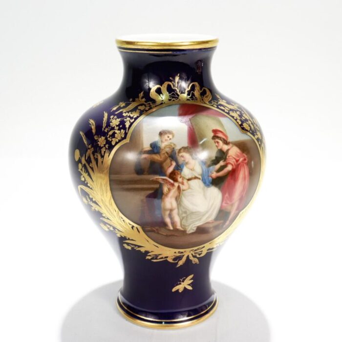 antique dresden porcelain cobalt blue cabinet vase painted with cupid and venus 0278