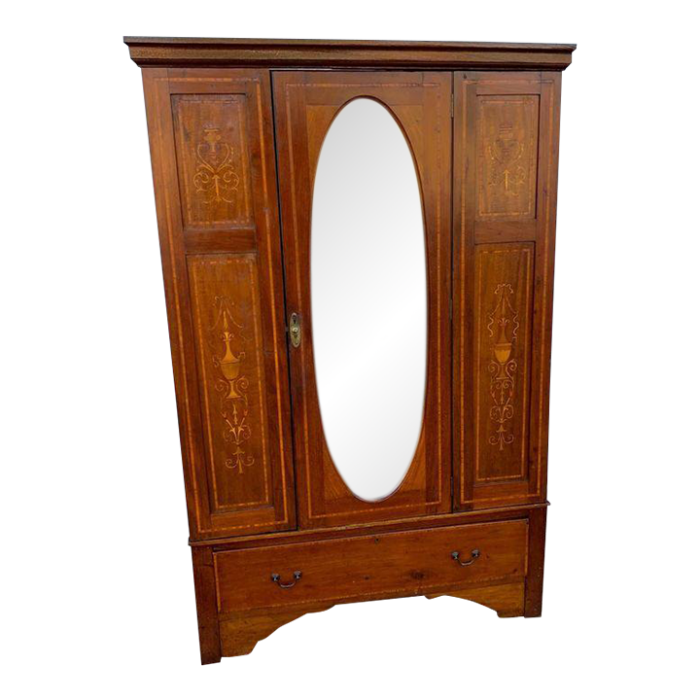 antique english edwardian style marquetry inlaid mahogany wardrobe with mirror 19th century 3222