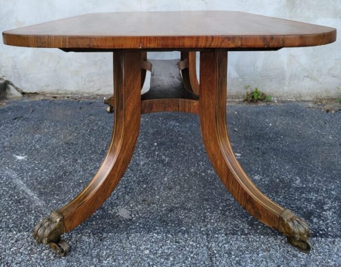 antique english regency rosewood table with scalamandre brass and pencil inlay on casters 5725