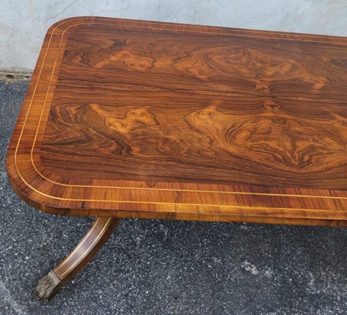 antique english regency rosewood table with scalamandre brass and pencil inlay on casters 7531