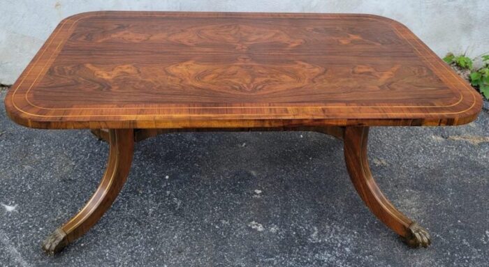 antique english regency rosewood table with scalamandre brass and pencil inlay on casters 8639