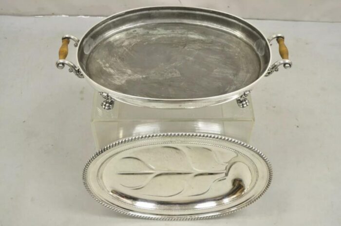 antique english victorian silver plated paw foot meat cutlery chaffing dish tray 6425