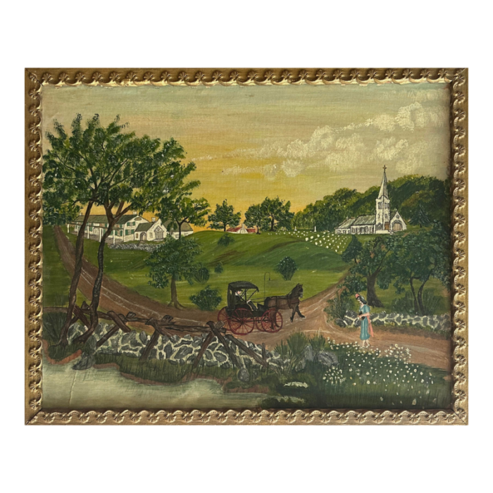 antique folk art primitive sunset landscape w church and figures signed 1935 oil on board 8976