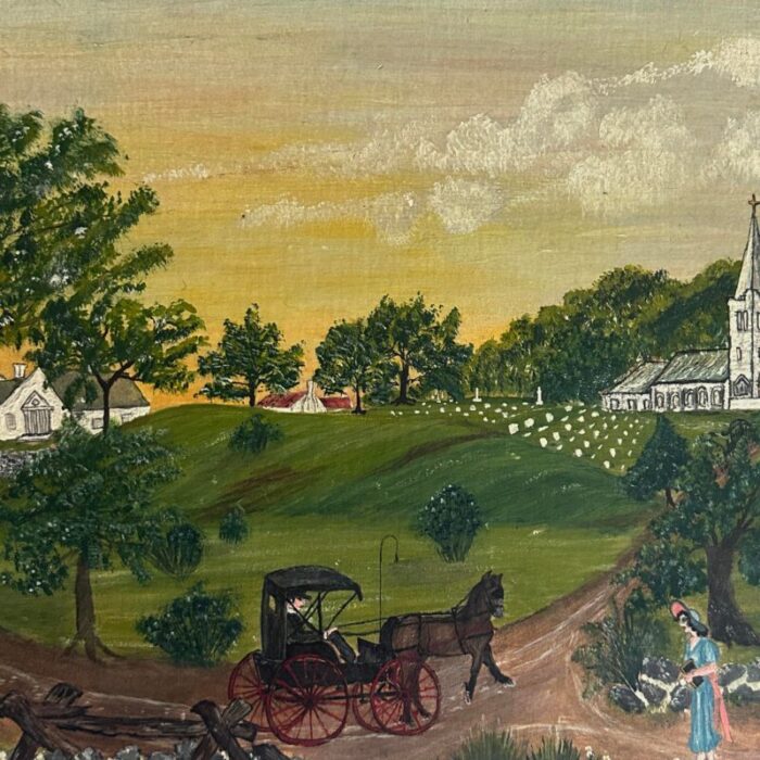 antique folk art primitive sunset landscape w church and figures signed 1935 oil on board 9916