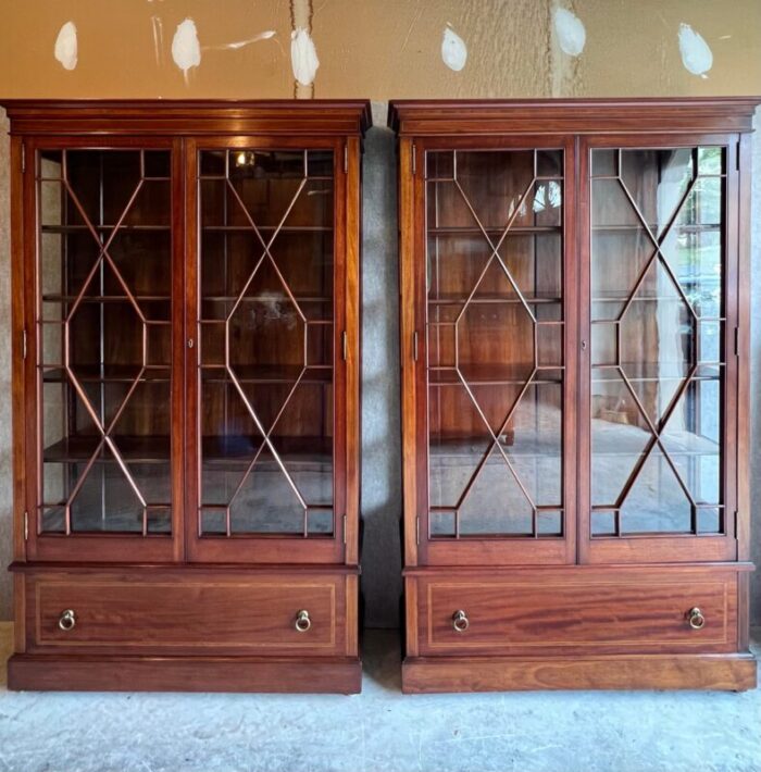 antique georgian federal style double glass door mahogany bookcase or display cabinet with inlay a pair 1325