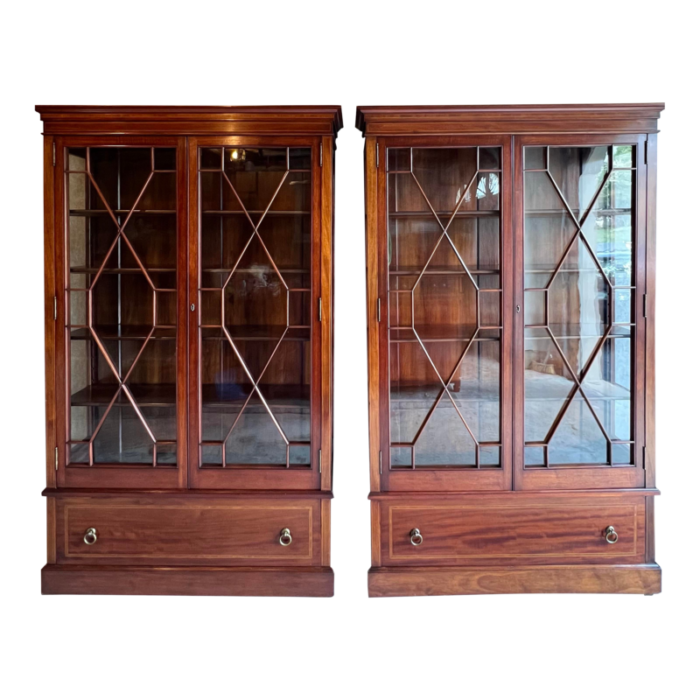 antique georgian federal style double glass door mahogany bookcase or display cabinet with inlay a pair 3568