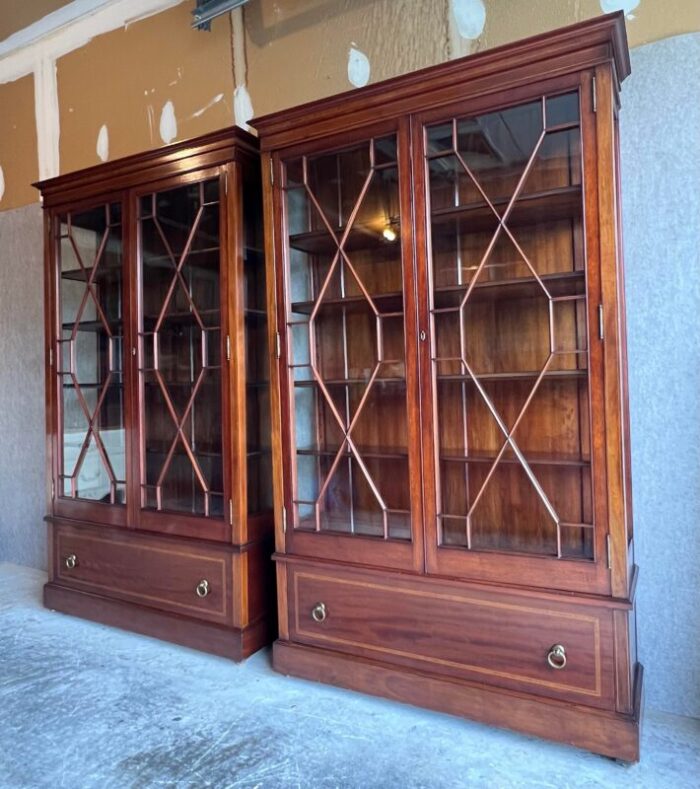 antique georgian federal style double glass door mahogany bookcase or display cabinet with inlay a pair 5469