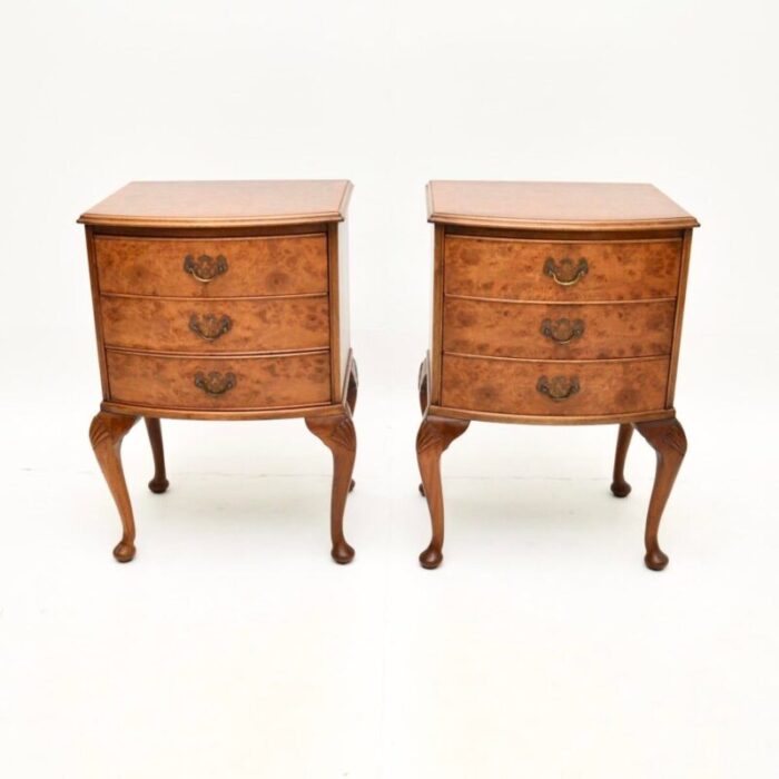 antique style burr walnut bedside chests 1930 set of 2 0534