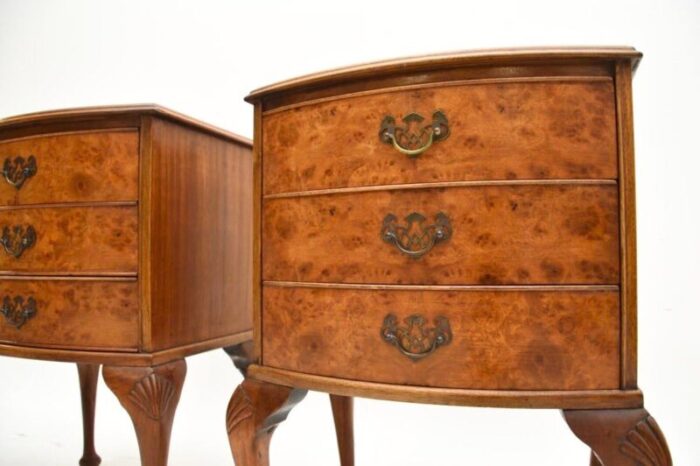 antique style burr walnut bedside chests 1930 set of 2 3854