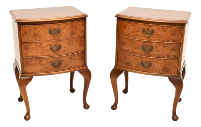 antique style burr walnut bedside chests 1930 set of 2 4847