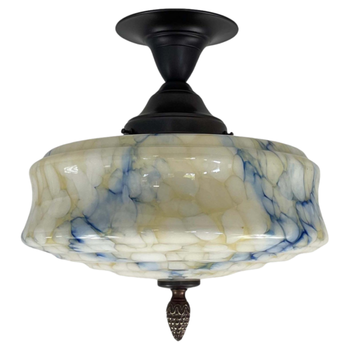 art deco flush mount in blue marbled opaline glass germany 1263