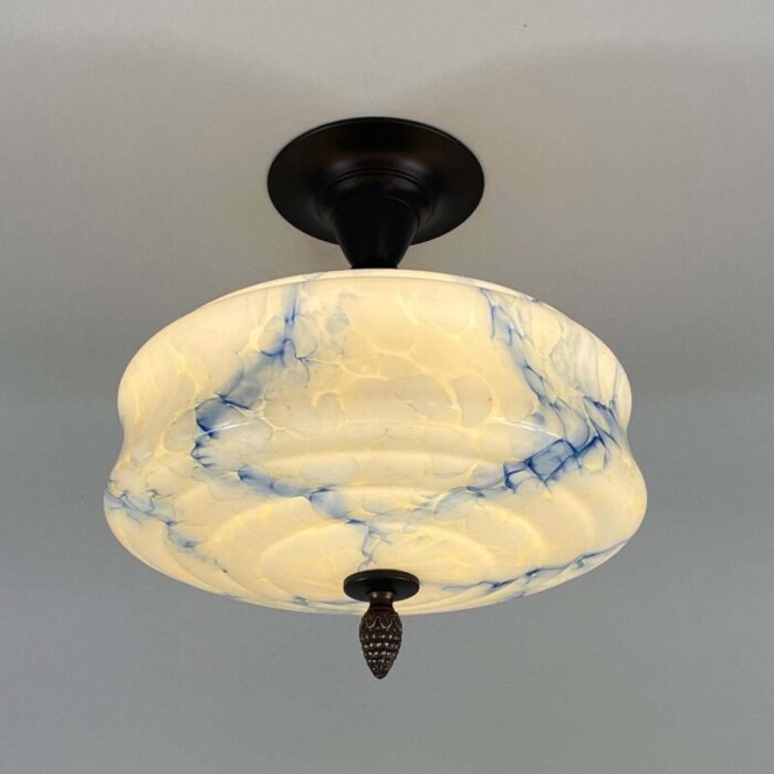 art deco flush mount in blue marbled opaline glass germany 2602