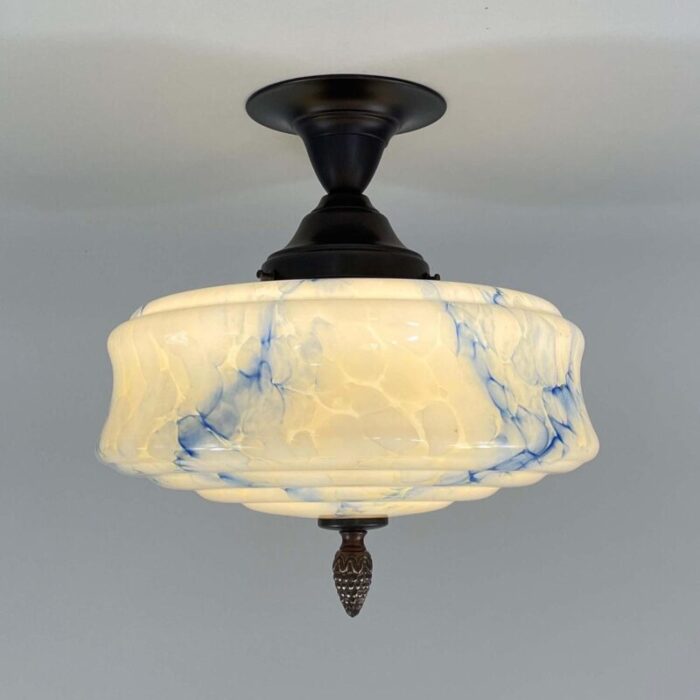 art deco flush mount in blue marbled opaline glass germany 4663