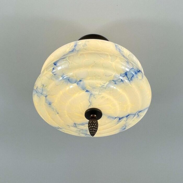 art deco flush mount in blue marbled opaline glass germany 7756