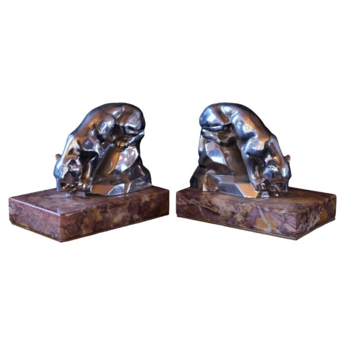 art deco red marble polychromed bookends with drinking panthers france 1930s set of 2 1