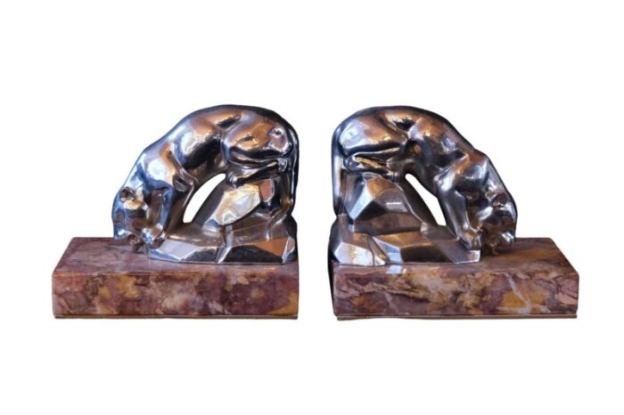 art deco red marble polychromed bookends with drinking panthers france 1930s set of 2 5