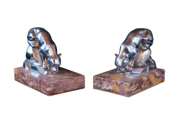 art deco red marble polychromed bookends with drinking panthers france 1930s set of 2 6