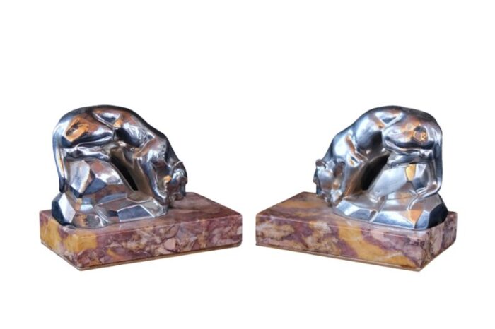 art deco red marble polychromed bookends with drinking panthers france 1930s set of 2 7