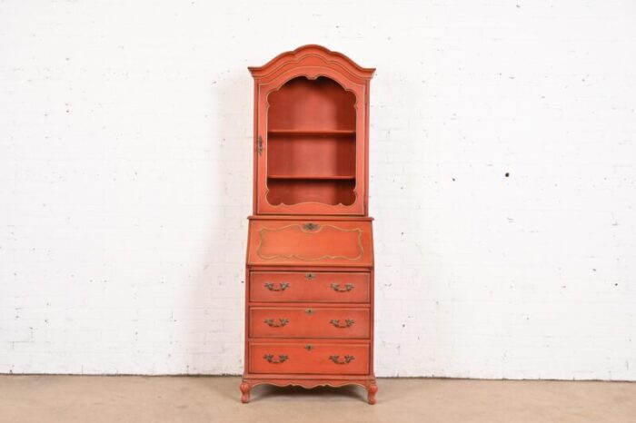 baker furniture style french provincial louis xv red lacquered drop front secretary desk with bookcase hutch 1350