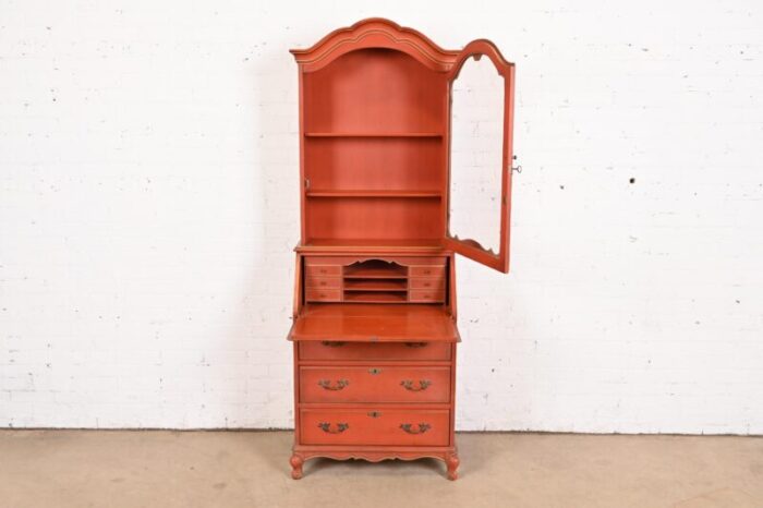 baker furniture style french provincial louis xv red lacquered drop front secretary desk with bookcase hutch 1589