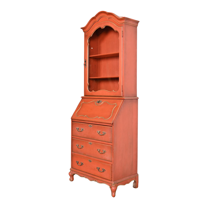 baker furniture style french provincial louis xv red lacquered drop front secretary desk with bookcase hutch 3498