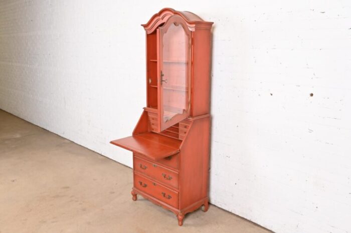 baker furniture style french provincial louis xv red lacquered drop front secretary desk with bookcase hutch 6550