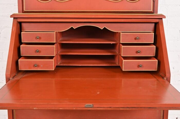 baker furniture style french provincial louis xv red lacquered drop front secretary desk with bookcase hutch 6895