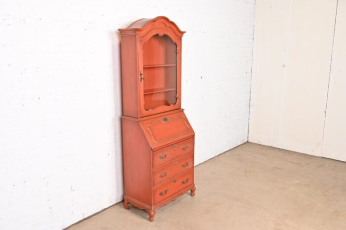 baker furniture style french provincial louis xv red lacquered drop front secretary desk with bookcase hutch 9435