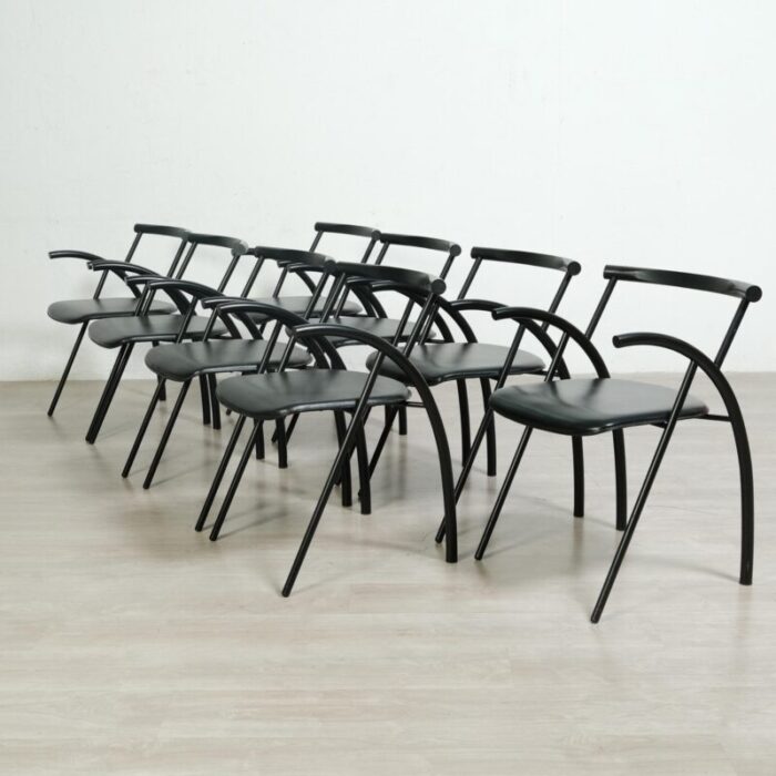 black leather chairs with chromed metal tubing 1970s set of 8 1054